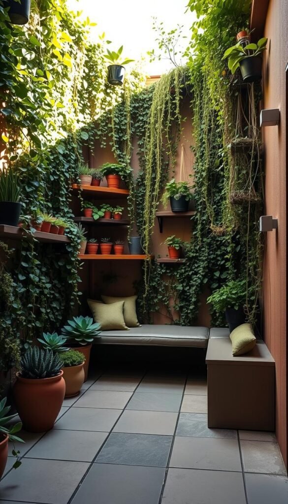 A small outdoor patio with a vibrant vertical garden cascading down the walls, creating a lush, intimate oasis. Sunlight filters through the foliage, casting a warm, natural glow. Strategically placed shelves and hanging planters maximize the vertical space, displaying a curated collection of potted succulents and trailing vines. A sleek, modern bench offers a cozy seating area, inviting rest and relaxation. Smooth stone pavers and an earthy color palette evoke a sense of tranquility, while discreet lighting fixtures illuminate the space for evening ambiance. The overall composition blends form and function, showcasing how to transform a compact outdoor area into a verdant, stylish retreat. A small outdoor patio with a vibrant vertical garden cascading down the walls, creating a lush, intimate oasis. Sunlight filters through the foliage, casting a warm, natural glow. Strategically placed shelves and hanging planters maximize the vertical space, displaying a curated collection of potted succulents and trailing vines. A sleek, modern bench offers a cozy seating area, inviting rest and relaxation. Smooth stone pavers and an earthy color palette evoke a sense of tranquility, while discreet lighting fixtures illuminate the space for evening ambiance. The overall composition blends form and function, showcasing how to transform a compact outdoor area into a verdant, stylish retreat.