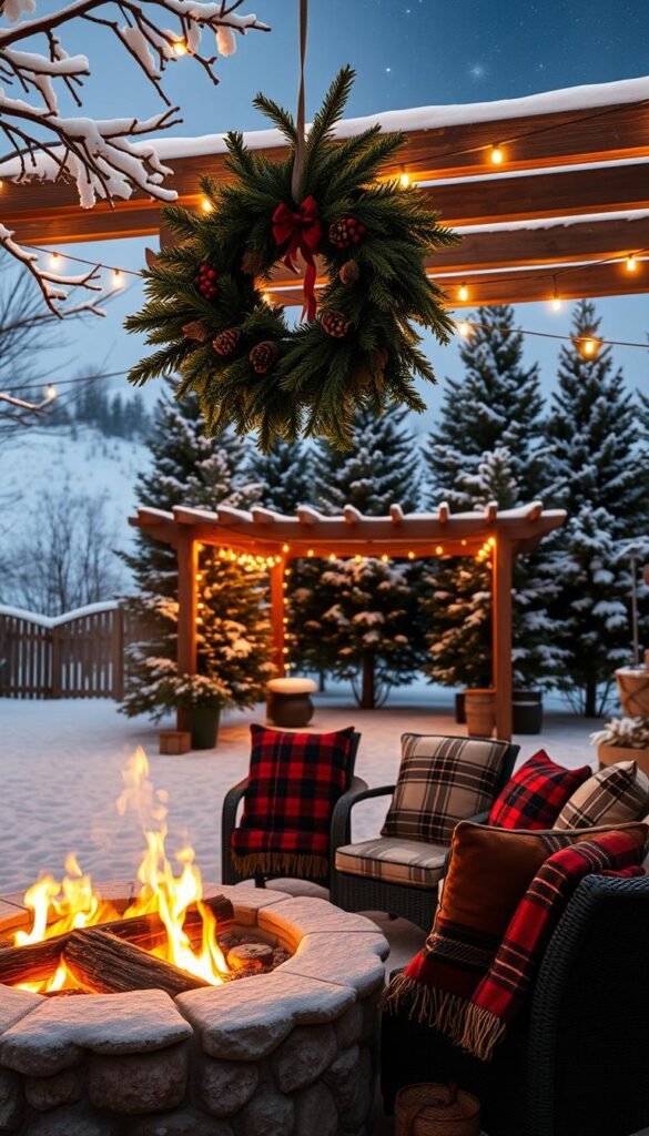 A snowy winter landscape with a cozy outdoor gathering area. In the foreground, a warm fire pit surrounded by plush outdoor seating, adorned with plaid blankets and pillows. Hanging above, a large wreath made of evergreen branches, pinecones, and red berries. In the middle ground, a wooden pergola draped with twinkling string lights, casting a soft glow. In the background, a row of tall, snow-capped fir trees, and a glimpse of a starry night sky. The scene is bathed in a soft, golden light, creating a welcoming, festive atmosphere perfect for intimate winter gatherings. A snowy winter landscape with a cozy outdoor gathering area. In the foreground, a warm fire pit surrounded by plush outdoor seating, adorned with plaid blankets and pillows. Hanging above, a large wreath made of evergreen branches, pinecones, and red berries. In the middle ground, a wooden pergola draped with twinkling string lights, casting a soft glow. In the background, a row of tall, snow-capped fir trees, and a glimpse of a starry night sky. The scene is bathed in a soft, golden light, creating a welcoming, festive atmosphere perfect for intimate winter gatherings.