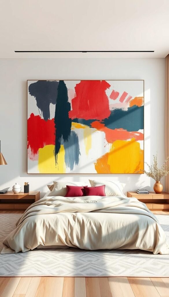 A spacious and airy bedroom with a large-scale abstract artwork as the focal point. The painting dominates the wall, its bold brushstrokes and vibrant colors creating a striking visual statement. The artwork is illuminated by soft, natural lighting filtering in through the large windows, casting a warm glow throughout the room. The space is minimally furnished, allowing the artwork to take center stage. Plush bedding in neutral tones complements the artwork's palette, while a few carefully placed decorative elements add touches of personality. The overall atmosphere is one of serene sophistication, inviting the viewer to pause and appreciate the captivating artwork. A spacious and airy bedroom with a large-scale abstract artwork as the focal point. The painting dominates the wall, its bold brushstrokes and vibrant colors creating a striking visual statement. The artwork is illuminated by soft, natural lighting filtering in through the large windows, casting a warm glow throughout the room. The space is minimally furnished, allowing the artwork to take center stage. Plush bedding in neutral tones complements the artwork's palette, while a few carefully placed decorative elements add touches of personality. The overall atmosphere is one of serene sophistication, inviting the viewer to pause and appreciate the captivating artwork.