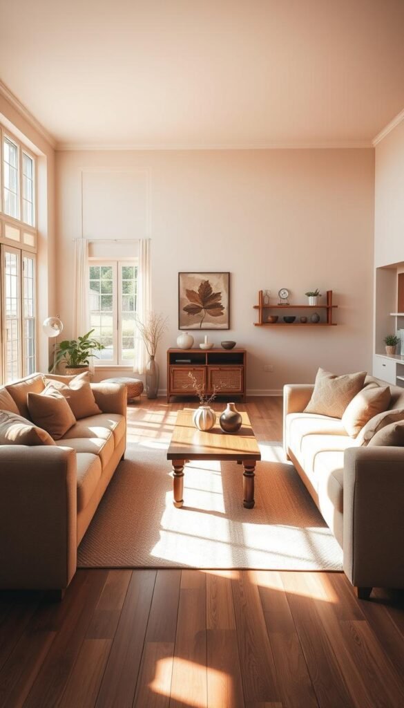 A spacious and cozy living room with a dual sofa arrangement. The room is flooded with warm, natural lighting from large windows, casting a soft, inviting glow. In the foreground, two plush, comfortable sofas face each other, creating an intimate seating area perfect for conversation and relaxation. The sofas are upholstered in a neutral, earthy tone that complements the room's color palette. In the middle ground, a wooden coffee table grounds the space, topped with decorative accents that add visual interest. The background features neutral-toned walls, accentuated by subtle wall art and shelving, creating a harmonious and visually appealing ambiance. The overall atmosphere is one of tranquility and comfort, inviting the viewer to imagine themselves spending quality time in this cozy dual sofa living room layout. A spacious and cozy living room with a dual sofa arrangement. The room is flooded with warm, natural lighting from large windows, casting a soft, inviting glow. In the foreground, two plush, comfortable sofas face each other, creating an intimate seating area perfect for conversation and relaxation. The sofas are upholstered in a neutral, earthy tone that complements the room's color palette. In the middle ground, a wooden coffee table grounds the space, topped with decorative accents that add visual interest. The background features neutral-toned walls, accentuated by subtle wall art and shelving, creating a harmonious and visually appealing ambiance. The overall atmosphere is one of tranquility and comfort, inviting the viewer to imagine themselves spending quality time in this cozy dual sofa living room layout.