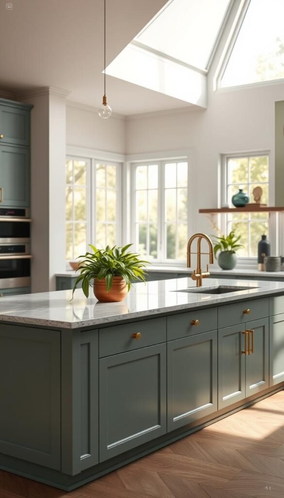 A spacious and well-designed sage green kitchen island, bathed in warm natural light streaming through large windows. The island features a sleek, minimalist design with clean lines and a smooth granite countertop. Elegant brass hardware and fixtures accent the island, creating a sophisticated and timeless aesthetic. Lush, verdant potted plants dot the surface, adding a touch of organic charm. The island is positioned at the heart of a modern, open-concept kitchen, seamlessly blending with the surrounding cabinetry and appliances in a cohesive color palette. A subtle, soft-focus effect enhances the scene, evoking a serene and harmonious atmosphere. A spacious and well-designed sage green kitchen island, bathed in warm natural light streaming through large windows. The island features a sleek, minimalist design with clean lines and a smooth granite countertop. Elegant brass hardware and fixtures accent the island, creating a sophisticated and timeless aesthetic. Lush, verdant potted plants dot the surface, adding a touch of organic charm. The island is positioned at the heart of a modern, open-concept kitchen, seamlessly blending with the surrounding cabinetry and appliances in a cohesive color palette. A subtle, soft-focus effect enhances the scene, evoking a serene and harmonious atmosphere.