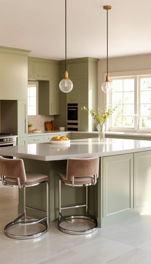 A spacious, sage green kitchen island with a sleek, modern silhouette, offering ample seating for casual dining and gatherings. The island's smooth, matte finish reflects warm, natural lighting that pours in through large windows, creating a tranquil, inviting atmosphere. Plush, taupe-colored bar stools with polished chrome accents nestle beneath the island's generous countertop, inviting guests to linger and enjoy the peaceful ambiance. Subtle, brushed brass hardware and a minimalist, pendant light fixture above the island add refined, elevated touches to this serene, sage-toned culinary oasis. A spacious, sage green kitchen island with a sleek, modern silhouette, offering ample seating for casual dining and gatherings. The island's smooth, matte finish reflects warm, natural lighting that pours in through large windows, creating a tranquil, inviting atmosphere. Plush, taupe-colored bar stools with polished chrome accents nestle beneath the island's generous countertop, inviting guests to linger and enjoy the peaceful ambiance. Subtle, brushed brass hardware and a minimalist, pendant light fixture above the island add refined, elevated touches to this serene, sage-toned culinary oasis.