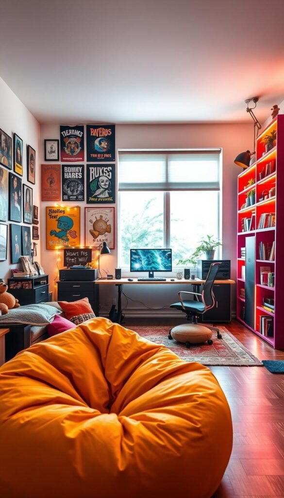 A spacious teenage boy's room filled with vibrant hues and creative flair. The foreground showcases a large, plush beanbag chair in a bold, contrasting color. Artfully arranged on the wall above, an eclectic gallery of framed posters, vintage band tees, and abstract paintings creates a visually striking focal point. The middle ground features a sleek, modern desk with a state-of-the-art computer setup, surrounded by a mix of textured throw pillows and string lights that cast a warm, cozy glow. In the background, a large window floods the space with natural light, complementing the playful, neon-accented shelving units brimming with books, plants, and quirky collectibles. The overall atmosphere exudes a youthful, energetic vibe that inspires creativity and self-expression. A spacious teenage boy's room filled with vibrant hues and creative flair. The foreground showcases a large, plush beanbag chair in a bold, contrasting color. Artfully arranged on the wall above, an eclectic gallery of framed posters, vintage band tees, and abstract paintings creates a visually striking focal point. The middle ground features a sleek, modern desk with a state-of-the-art computer setup, surrounded by a mix of textured throw pillows and string lights that cast a warm, cozy glow. In the background, a large window floods the space with natural light, complementing the playful, neon-accented shelving units brimming with books, plants, and quirky collectibles. The overall atmosphere exudes a youthful, energetic vibe that inspires creativity and self-expression.