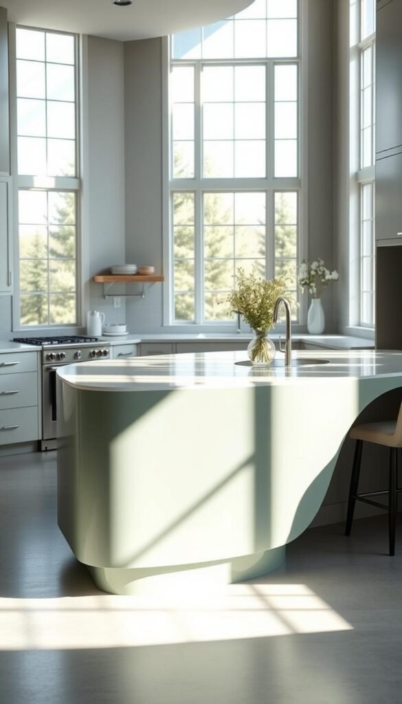 A spacious, well-lit kitchen with a stunning sage green island as the focal point. The island's sleek, modern design features a smooth, matte finish that complements the natural light filtering in through large windows. Soft, indirect lighting casts a warm, inviting glow, accentuating the island's elegant curves and subtleties. The surrounding cabinetry and countertops are in a complementary neutral palette, allowing the sage green to take center stage as a stylish, timeless statement piece. The overall atmosphere is one of tranquility and sophistication, perfectly capturing the essence of the "Allure of Sage Green in Home Design". A spacious, well-lit kitchen with a stunning sage green island as the focal point. The island's sleek, modern design features a smooth, matte finish that complements the natural light filtering in through large windows. Soft, indirect lighting casts a warm, inviting glow, accentuating the island's elegant curves and subtleties. The surrounding cabinetry and countertops are in a complementary neutral palette, allowing the sage green to take center stage as a stylish, timeless statement piece. The overall atmosphere is one of tranquility and sophistication, perfectly capturing the essence of the "Allure of Sage Green in Home Design".