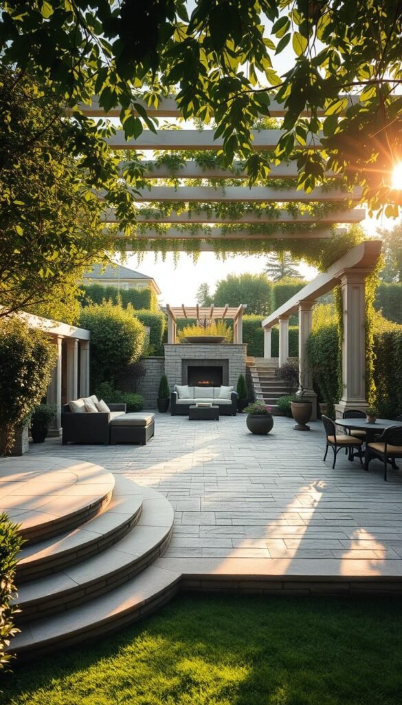 A sprawling multi-level patio nestled among lush greenery, the warm afternoon sun casting a gentle glow across the intricate paving patterns. In the foreground, a set of wide stone steps leads up to a cozy seating area with plush outdoor furniture. Overhanging pergolas provide dappled shade, their framework entwined with cascading vines. The middle ground reveals a lower-level lounge space, its recessed design creating an intimate, private retreat. Deeper into the scene, a final tier features a raised dining area, perfect for alfresco meals with friends and family. The entire landscape is bathed in a soft, golden light, creating a serene and inviting atmosphere perfect for relaxation and entertaining. A sprawling multi-level patio nestled among lush greenery, the warm afternoon sun casting a gentle glow across the intricate paving patterns. In the foreground, a set of wide stone steps leads up to a cozy seating area with plush outdoor furniture. Overhanging pergolas provide dappled shade, their framework entwined with cascading vines. The middle ground reveals a lower-level lounge space, its recessed design creating an intimate, private retreat. Deeper into the scene, a final tier features a raised dining area, perfect for alfresco meals with friends and family. The entire landscape is bathed in a soft, golden light, creating a serene and inviting atmosphere perfect for relaxation and entertaining.