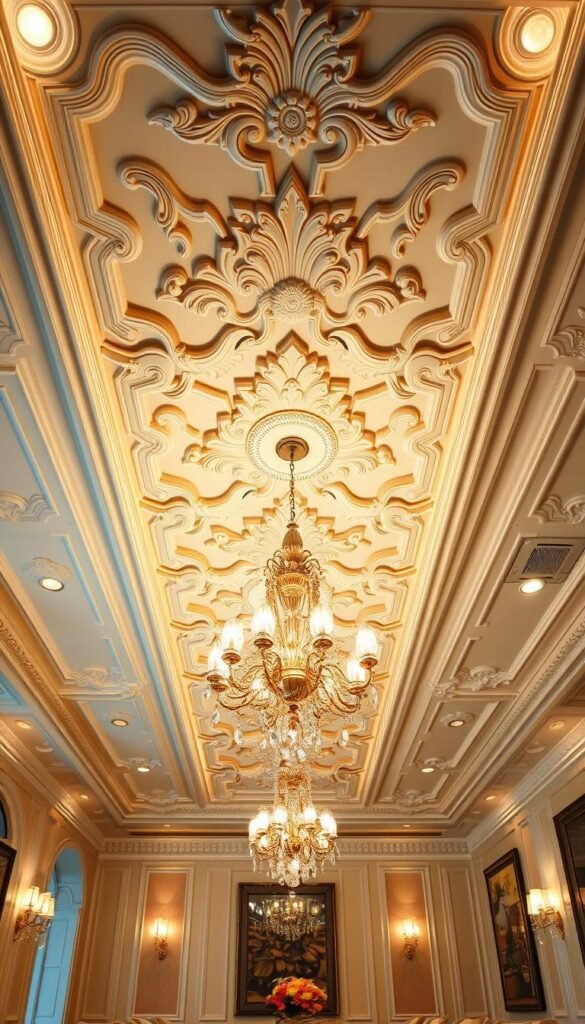 A stunning 1950s-inspired dining room ceiling, bathed in warm, soft lighting that casts a cozy, nostalgic glow. The ceiling features intricate, sculpted plaster moldings in an elegant, Art Deco-influenced pattern, with delicate, cascading chandeliers that shimmer and twinkle. The lighting is a masterful blend of vintage-style pendant lamps and recessed, dimmable fixtures, creating a layered, sophisticated ambiance. The ceiling's color palette blends creamy whites, soft grays, and accents of burnished gold, seamlessly complementing the retro-chic furnishings below. This captivating design elevates the entire room, transporting the viewer to a mid-century dining experience filled with timeless style and charm. A stunning 1950s-inspired dining room ceiling, bathed in warm, soft lighting that casts a cozy, nostalgic glow. The ceiling features intricate, sculpted plaster moldings in an elegant, Art Deco-influenced pattern, with delicate, cascading chandeliers that shimmer and twinkle. The lighting is a masterful blend of vintage-style pendant lamps and recessed, dimmable fixtures, creating a layered, sophisticated ambiance. The ceiling's color palette blends creamy whites, soft grays, and accents of burnished gold, seamlessly complementing the retro-chic furnishings below. This captivating design elevates the entire room, transporting the viewer to a mid-century dining experience filled with timeless style and charm.