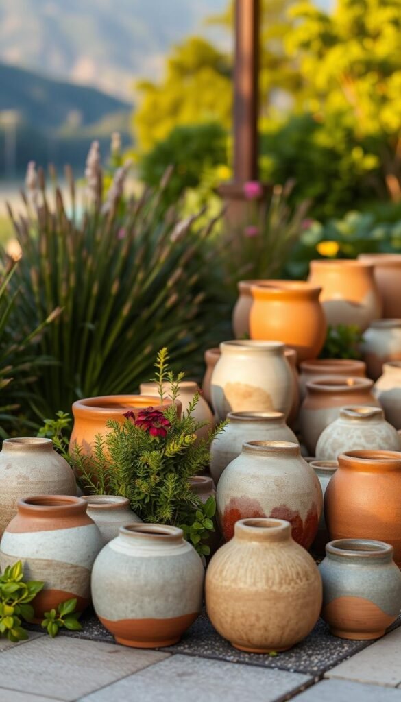 A stunning arrangement of handcrafted, organically-shaped ceramic flower pots, each with a unique glaze and texture. The pots are displayed in a welcoming outdoor setting, bathed in warm, soft lighting that accentuates their earthy, artisanal qualities. The foreground features a cluster of these one-of-a-kind vessels, varying in size and hue, nestled amidst lush, verdant greenery. In the middle ground, additional pots are strategically positioned, creating a harmonious, visually-appealing composition. The background subtly fades into a dreamy, natural landscape, allowing the focus to remain on the captivating, original flower pot designs. The overall mood is tranquil, inspirational and celebrates the beauty of handmade, sustainable garden decor. A stunning arrangement of handcrafted, organically-shaped ceramic flower pots, each with a unique glaze and texture. The pots are displayed in a welcoming outdoor setting, bathed in warm, soft lighting that accentuates their earthy, artisanal qualities. The foreground features a cluster of these one-of-a-kind vessels, varying in size and hue, nestled amidst lush, verdant greenery. In the middle ground, additional pots are strategically positioned, creating a harmonious, visually-appealing composition. The background subtly fades into a dreamy, natural landscape, allowing the focus to remain on the captivating, original flower pot designs. The overall mood is tranquil, inspirational and celebrates the beauty of handmade, sustainable garden decor.