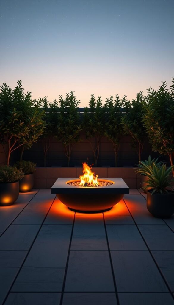 A stylish and compact fire pit nestled in a cozy outdoor space, with a modern and minimalist design. The fire pit is surrounded by clean-lined paving stones, creating a well-defined seating area. Lush, verdant potted plants and a small side table add a touch of natural elegance. Warm, amber lighting from the fire pit casts a soft glow, creating a inviting and intimate atmosphere. A clear night sky with twinkling stars serves as the perfect backdrop, suggesting a calm and relaxing ambiance. A stylish and compact fire pit nestled in a cozy outdoor space, with a modern and minimalist design. The fire pit is surrounded by clean-lined paving stones, creating a well-defined seating area. Lush, verdant potted plants and a small side table add a touch of natural elegance. Warm, amber lighting from the fire pit casts a soft glow, creating a inviting and intimate atmosphere. A clear night sky with twinkling stars serves as the perfect backdrop, suggesting a calm and relaxing ambiance.