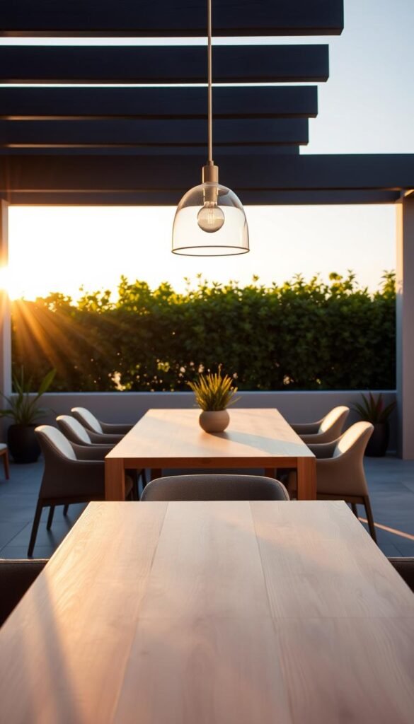 A stylish outdoor dining setting on a contemporary patio, bathed in warm evening sunlight. In the foreground, a sleek, minimalist dining table made of smooth, light-colored wood surrounded by comfortable, low-profile chairs with clean lines and neutral tones. The middle ground features potted greenery and a modern pendant light fixture casting a soft, ambient glow. In the background, a backdrop of lush, verdant foliage frames the scene, creating a sense of tranquility and connection with nature. The overall mood is one of refined elegance and effortless sophistication, inviting the viewer to envision themselves relaxing and entertaining in this serene outdoor oasis. A stylish outdoor dining setting on a contemporary patio, bathed in warm evening sunlight. In the foreground, a sleek, minimalist dining table made of smooth, light-colored wood surrounded by comfortable, low-profile chairs with clean lines and neutral tones. The middle ground features potted greenery and a modern pendant light fixture casting a soft, ambient glow. In the background, a backdrop of lush, verdant foliage frames the scene, creating a sense of tranquility and connection with nature. The overall mood is one of refined elegance and effortless sophistication, inviting the viewer to envision themselves relaxing and entertaining in this serene outdoor oasis.