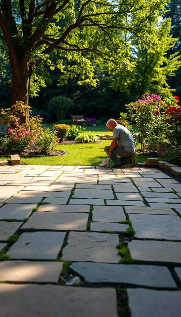 A sun-dappled flagstone patio set against a lush, verdant backdrop. In the foreground, freshly laid flagstones in warm earth tones create a seamless, natural-looking surface. Carefully placed gaps allow for the gentle growth of moss and low-lying plants, adding a touch of whimsy. The middle ground features a skilled landscaper, kneeling and meticulously positioning each stone, ensuring a perfect fit. In the background, a picturesque garden bursts with vibrant flowers and towering trees, casting soft, diffused light across the scene. The overall atmosphere is one of tranquility and craftsmanship, inviting the viewer to imagine themselves relaxing on this beautifully installed flagstone patio. A sun-dappled flagstone patio set against a lush, verdant backdrop. In the foreground, freshly laid flagstones in warm earth tones create a seamless, natural-looking surface. Carefully placed gaps allow for the gentle growth of moss and low-lying plants, adding a touch of whimsy. The middle ground features a skilled landscaper, kneeling and meticulously positioning each stone, ensuring a perfect fit. In the background, a picturesque garden bursts with vibrant flowers and towering trees, casting soft, diffused light across the scene. The overall atmosphere is one of tranquility and craftsmanship, inviting the viewer to imagine themselves relaxing on this beautifully installed flagstone patio.