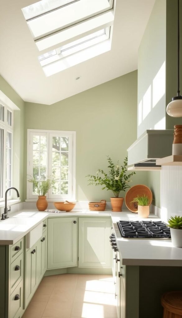 A sun-dappled kitchen with sage green walls that radiate a serene, earthy elegance. Soft natural light filters through large windows, casting a warm glow on the clean, minimalist cabinetry and crisp white countertops. The space exudes a sense of effortless sophistication, with hints of natural textures like woven baskets and potted plants adding to the organic, soothing atmosphere. The overall scene conveys a tranquil, inviting ambiance that perfectly captures the allure of sage green as a harmonious, grounding color choice for the heart of the home. A sun-dappled kitchen with sage green walls that radiate a serene, earthy elegance. Soft natural light filters through large windows, casting a warm glow on the clean, minimalist cabinetry and crisp white countertops. The space exudes a sense of effortless sophistication, with hints of natural textures like woven baskets and potted plants adding to the organic, soothing atmosphere. The overall scene conveys a tranquil, inviting ambiance that perfectly captures the allure of sage green as a harmonious, grounding color choice for the heart of the home.