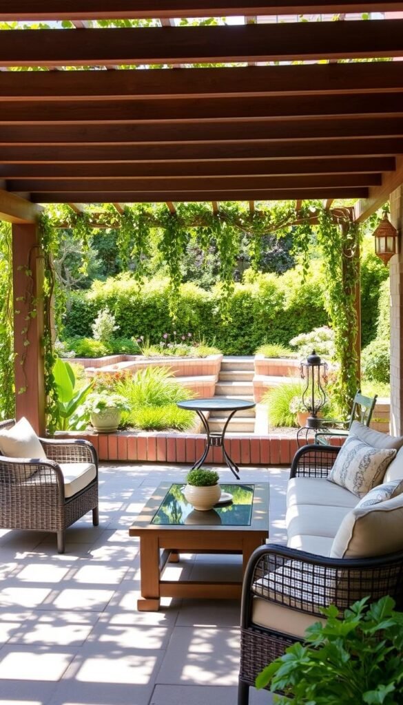 A sun-dappled patio with a cozy seating area featuring a plush outdoor sofa and two wicker armchairs arranged around a rustic wooden coffee table. In the middle ground, a compact dining set with a glass-topped table and simple metal chairs sits beneath a pergola draped in trailing vines. The background showcases a lush, verdant garden with vibrant flowerbeds and a small water feature. The lighting is soft and natural, casting a warm, inviting glow across the entire scene. The overall atmosphere is one of relaxation, tranquility, and effortless style, reflecting the affordability and versatility of this multi-functional outdoor space. A sun-dappled patio with a cozy seating area featuring a plush outdoor sofa and two wicker armchairs arranged around a rustic wooden coffee table. In the middle ground, a compact dining set with a glass-topped table and simple metal chairs sits beneath a pergola draped in trailing vines. The background showcases a lush, verdant garden with vibrant flowerbeds and a small water feature. The lighting is soft and natural, casting a warm, inviting glow across the entire scene. The overall atmosphere is one of relaxation, tranquility, and effortless style, reflecting the affordability and versatility of this multi-functional outdoor space.