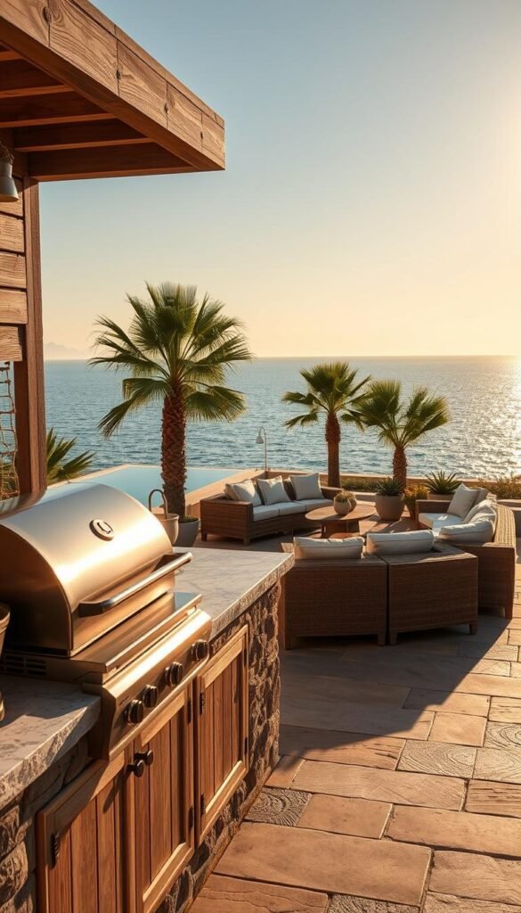 A sun-drenched coastal-inspired outdoor kitchen with a weathered wood and stone aesthetic. In the foreground, a large built-in grill station with a stone countertop and a collection of high-quality cooking tools. In the middle ground, an L-shaped seating area with wicker furniture and plush cushions, surrounded by lush palm trees and potted succulents. In the background, a panoramic view of the sparkling azure ocean, with the horizon lined by a pastel sunset. The scene is bathed in warm, golden natural light, creating a tranquil, Mediterranean-inspired ambiance. The camera angle is slightly elevated, capturing the full scope of the idyllic outdoor kitchen setup. A sun-drenched coastal-inspired outdoor kitchen with a weathered wood and stone aesthetic. In the foreground, a large built-in grill station with a stone countertop and a collection of high-quality cooking tools. In the middle ground, an L-shaped seating area with wicker furniture and plush cushions, surrounded by lush palm trees and potted succulents. In the background, a panoramic view of the sparkling azure ocean, with the horizon lined by a pastel sunset. The scene is bathed in warm, golden natural light, creating a tranquil, Mediterranean-inspired ambiance. The camera angle is slightly elevated, capturing the full scope of the idyllic outdoor kitchen setup.