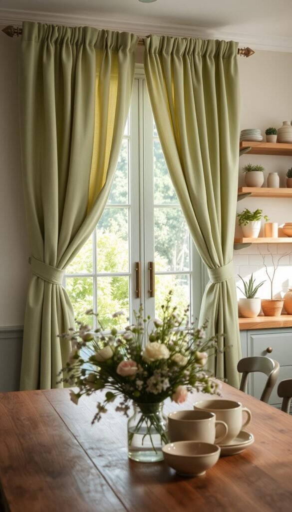 A sun-drenched kitchen, bathed in soft, natural light. The focal point is a pair of elegant sage green curtains, their delicate folds framing a window overlooking a lush, verdant garden. In the foreground, a wooden table is adorned with a simple yet striking centerpiece - a bouquet of wild flowers in shades of sage, lavender, and pale pink. On the table, a collection of ceramic dinnerware in earthy tones complements the curtains, creating a harmonious and inviting atmosphere. In the background, shelves lined with potted plants and decorative accessories in muted, earthy hues add depth and texture to the scene. The overall mood is one of serene sophistication, where the sage green curtains serve as the perfect backdrop to showcase a thoughtfully curated and cohesive decor palette. A sun-drenched kitchen, bathed in soft, natural light. The focal point is a pair of elegant sage green curtains, their delicate folds framing a window overlooking a lush, verdant garden. In the foreground, a wooden table is adorned with a simple yet striking centerpiece - a bouquet of wild flowers in shades of sage, lavender, and pale pink. On the table, a collection of ceramic dinnerware in earthy tones complements the curtains, creating a harmonious and inviting atmosphere. In the background, shelves lined with potted plants and decorative accessories in muted, earthy hues add depth and texture to the scene. The overall mood is one of serene sophistication, where the sage green curtains serve as the perfect backdrop to showcase a thoughtfully curated and cohesive decor palette.