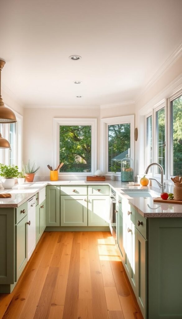 A sunny, well-lit kitchen with sage green cabinets and countertops. The warm wooden floors and natural light create a cozy, inviting atmosphere. A mix of modern and traditional elements, with clean lines and tasteful accents. On the counters, potted herbs and fresh produce add pops of color. Soft, diffused lighting from pendant fixtures and recessed ceiling lights illuminate the space. The kitchen is spacious and airy, with large windows overlooking a lush, verdant backyard. Overall, a harmonious blend of natural tones and textures, embodying the effortless elegance of a sage green kitchen. A sunny, well-lit kitchen with sage green cabinets and countertops. The warm wooden floors and natural light create a cozy, inviting atmosphere. A mix of modern and traditional elements, with clean lines and tasteful accents. On the counters, potted herbs and fresh produce add pops of color. Soft, diffused lighting from pendant fixtures and recessed ceiling lights illuminate the space. The kitchen is spacious and airy, with large windows overlooking a lush, verdant backyard. Overall, a harmonious blend of natural tones and textures, embodying the effortless elegance of a sage green kitchen.