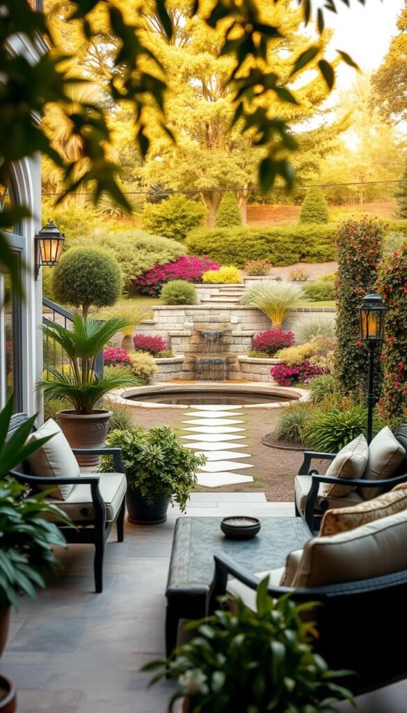 A tranquil outdoor oasis, bathed in soft, warm lighting that casts a gentle glow across the elegant patio space. In the foreground, a tastefully arranged seating area featuring plush, inviting furniture and lush, verdant potted plants. The middle ground showcases a meandering stone path leading to a serene water feature, its gentle sounds soothing the senses. In the background, a well-manicured garden frames the scene, its vibrant colors and textures creating a visually captivating backdrop. The overall atmosphere exudes a sense of refined sophistication and relaxation, inviting the viewer to step into this stylish patio oasis and unwind. A tranquil outdoor oasis, bathed in soft, warm lighting that casts a gentle glow across the elegant patio space. In the foreground, a tastefully arranged seating area featuring plush, inviting furniture and lush, verdant potted plants. The middle ground showcases a meandering stone path leading to a serene water feature, its gentle sounds soothing the senses. In the background, a well-manicured garden frames the scene, its vibrant colors and textures creating a visually captivating backdrop. The overall atmosphere exudes a sense of refined sophistication and relaxation, inviting the viewer to step into this stylish patio oasis and unwind.