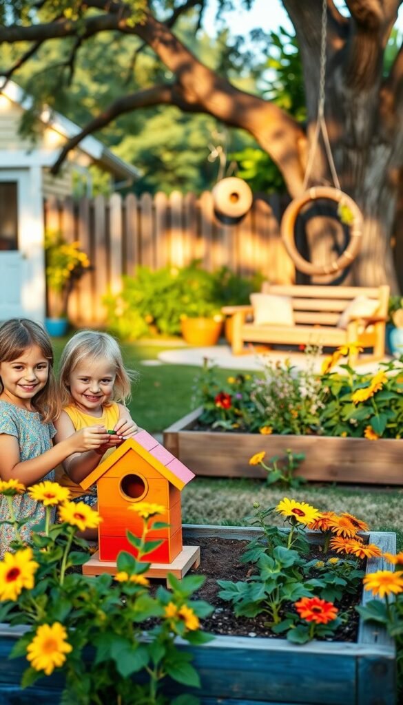 A vibrant and inviting backyard scene, with a focus on fun, family-friendly DIY projects. In the foreground, a group of smiling children work on building a colorful birdhouse, their faces lit by the warm glow of the afternoon sun. In the middle ground, a raised garden bed overflows with lush, kid-friendly plants, like sunflowers and marigolds. The background features a cozy seating area, with a DIY wooden swing and a playful tire swing hanging from a sturdy oak tree. The overall atmosphere is one of creativity, wonder, and a sense of adventure, perfect for a kid-friendly backyard oasis. A vibrant and inviting backyard scene, with a focus on fun, family-friendly DIY projects. In the foreground, a group of smiling children work on building a colorful birdhouse, their faces lit by the warm glow of the afternoon sun. In the middle ground, a raised garden bed overflows with lush, kid-friendly plants, like sunflowers and marigolds. The background features a cozy seating area, with a DIY wooden swing and a playful tire swing hanging from a sturdy oak tree. The overall atmosphere is one of creativity, wonder, and a sense of adventure, perfect for a kid-friendly backyard oasis.