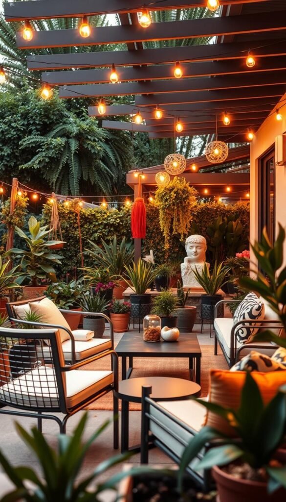 A vibrant and trendy patio scene, with a focus on stylish accessories. In the foreground, an array of modern outdoor furniture - sleek metal chairs, plush cushions, and a minimalist coffee table. In the middle ground, an array of potted plants, string lights, and a statement piece like a hanging plant or a decorative water feature. The background showcases a lush, green environment, with a hint of a patio overhang or trellis providing a cozy, intimate ambiance. The lighting is a warm, golden glow, creating a welcoming and inviting atmosphere. The overall mood is one of relaxation, style, and a touch of elegance, perfectly capturing the essence of a trendy, contemporary patio design. A vibrant and trendy patio scene, with a focus on stylish accessories. In the foreground, an array of modern outdoor furniture - sleek metal chairs, plush cushions, and a minimalist coffee table. In the middle ground, an array of potted plants, string lights, and a statement piece like a hanging plant or a decorative water feature. The background showcases a lush, green environment, with a hint of a patio overhang or trellis providing a cozy, intimate ambiance. The lighting is a warm, golden glow, creating a welcoming and inviting atmosphere. The overall mood is one of relaxation, style, and a touch of elegance, perfectly capturing the essence of a trendy, contemporary patio design.