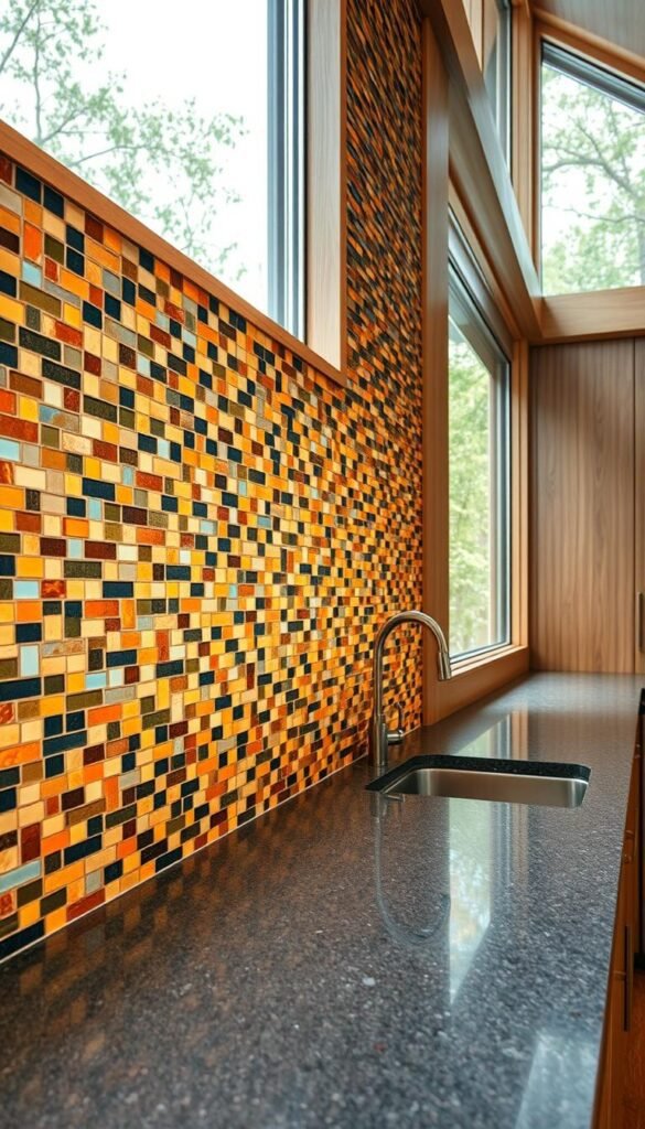 A vibrant and visually striking kitchen backsplash, showcasing a harmonious blend of natural and man-made materials. In the foreground, a captivating mosaic of multicolored tiles cascades across the wall, creating a dynamic, textured surface that catches the warm glow of the overhead lighting. In the middle ground, sleek, slate-gray quartz countertops seamlessly integrate with the backsplash, complementing the earthy tones and adding a touch of modern elegance. In the background, subtly patterned wood cabinetry provides a subtle, natural contrast, while large, expansive windows allow natural light to pour in, illuminating the entire space and imbuing it with a sense of openness and airiness. A vibrant and visually striking kitchen backsplash, showcasing a harmonious blend of natural and man-made materials. In the foreground, a captivating mosaic of multicolored tiles cascades across the wall, creating a dynamic, textured surface that catches the warm glow of the overhead lighting. In the middle ground, sleek, slate-gray quartz countertops seamlessly integrate with the backsplash, complementing the earthy tones and adding a touch of modern elegance. In the background, subtly patterned wood cabinetry provides a subtle, natural contrast, while large, expansive windows allow natural light to pour in, illuminating the entire space and imbuing it with a sense of openness and airiness.