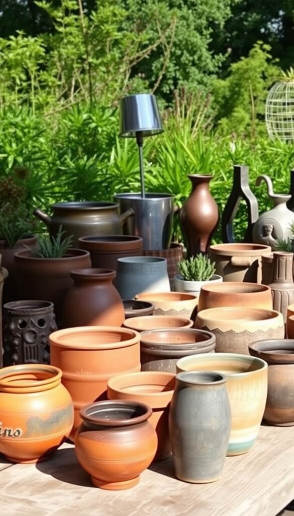 A vibrant arrangement of distinctive planting containers, showcasing a diverse selection of shapes, textures, and materials. In the foreground, a collection of terracotta pots, glazed ceramics, and rustic wooden planters sit atop a weathered table, casting warm shadows under the soft, natural lighting. In the middle ground, a mix of sleek, modern metal containers and whimsical, sculpted planters add visual interest, while in the background, a lush, verdant garden provides a serene backdrop. The overall scene exudes a sense of harmony, inviting the viewer to imagine these unique garden planters elevating and enhancing an outdoor living space. A vibrant arrangement of distinctive planting containers, showcasing a diverse selection of shapes, textures, and materials. In the foreground, a collection of terracotta pots, glazed ceramics, and rustic wooden planters sit atop a weathered table, casting warm shadows under the soft, natural lighting. In the middle ground, a mix of sleek, modern metal containers and whimsical, sculpted planters add visual interest, while in the background, a lush, verdant garden provides a serene backdrop. The overall scene exudes a sense of harmony, inviting the viewer to imagine these unique garden planters elevating and enhancing an outdoor living space.