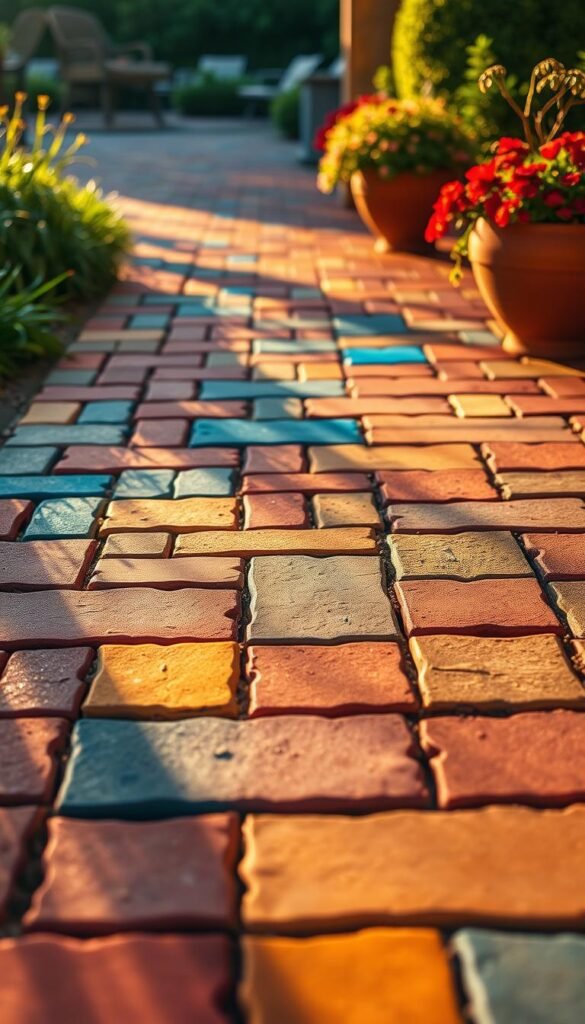A vibrant array of interlocking pavers in a variety of hues, including deep crimson, vivid azure, sunny ochre, and earthy sienna. The pavers are arranged in a dynamic, asymmetrical pattern, creating a captivating visual interest. The scene is bathed in warm, golden light, casting gentle shadows that accentuate the textural details of the pavers. The surrounding environment is blurred, allowing the colorful pavers to take center stage and draw the viewer's eye. The overall composition conveys a sense of energy, creativity, and a welcoming, inviting atmosphere - the perfect backdrop to elevate and enliven any outdoor living space. A vibrant array of interlocking pavers in a variety of hues, including deep crimson, vivid azure, sunny ochre, and earthy sienna. The pavers are arranged in a dynamic, asymmetrical pattern, creating a captivating visual interest. The scene is bathed in warm, golden light, casting gentle shadows that accentuate the textural details of the pavers. The surrounding environment is blurred, allowing the colorful pavers to take center stage and draw the viewer's eye. The overall composition conveys a sense of energy, creativity, and a welcoming, inviting atmosphere - the perfect backdrop to elevate and enliven any outdoor living space.
