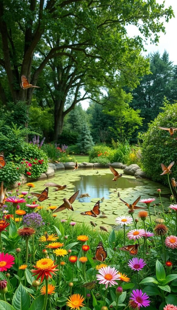 A vibrant backyard oasis teeming with diverse wildlife. In the foreground, a lush garden bursting with native flowers and foliage, attracting a kaleidoscope of butterflies, bees, and hummingbirds. In the middle ground, a tranquil pond reflects the surrounding greenery, its surface gently rippled by the movements of curious frogs and dragonflies. Towering trees in the background provide a verdant canopy, casting soft, dappled light across the scene. The air is filled with the melodic songs of songbirds, creating a serene and inviting atmosphere. Captured through the lens of a wide-angle camera, this backyard haven beckons one to immerse themselves in the beauty of nature. A vibrant backyard oasis teeming with diverse wildlife. In the foreground, a lush garden bursting with native flowers and foliage, attracting a kaleidoscope of butterflies, bees, and hummingbirds. In the middle ground, a tranquil pond reflects the surrounding greenery, its surface gently rippled by the movements of curious frogs and dragonflies. Towering trees in the background provide a verdant canopy, casting soft, dappled light across the scene. The air is filled with the melodic songs of songbirds, creating a serene and inviting atmosphere. Captured through the lens of a wide-angle camera, this backyard haven beckons one to immerse themselves in the beauty of nature.