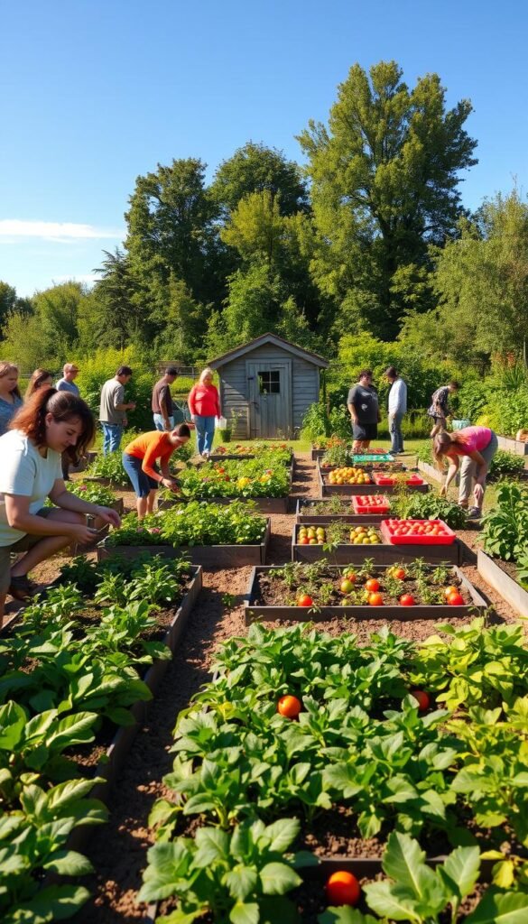 A vibrant community garden comes to life, with lush vegetation and diverse gardeners tending to their plots. In the foreground, people of all ages work side-by-side, their hands in the soil, planting seedlings and harvesting fresh produce. The middle ground features raised garden beds, neatly arranged and overflowing with a vibrant array of fruits, vegetables, and herbs. In the background, a quaint shed stands amidst a backdrop of verdant trees and a clear blue sky, casting a warm, natural glow over the scene. The atmosphere is one of collaboration, shared purpose, and a deep connection to the land, creating a harmonious and sustainable eco-friendly garden oasis. A vibrant community garden comes to life, with lush vegetation and diverse gardeners tending to their plots. In the foreground, people of all ages work side-by-side, their hands in the soil, planting seedlings and harvesting fresh produce. The middle ground features raised garden beds, neatly arranged and overflowing with a vibrant array of fruits, vegetables, and herbs. In the background, a quaint shed stands amidst a backdrop of verdant trees and a clear blue sky, casting a warm, natural glow over the scene. The atmosphere is one of collaboration, shared purpose, and a deep connection to the land, creating a harmonious and sustainable eco-friendly garden oasis.