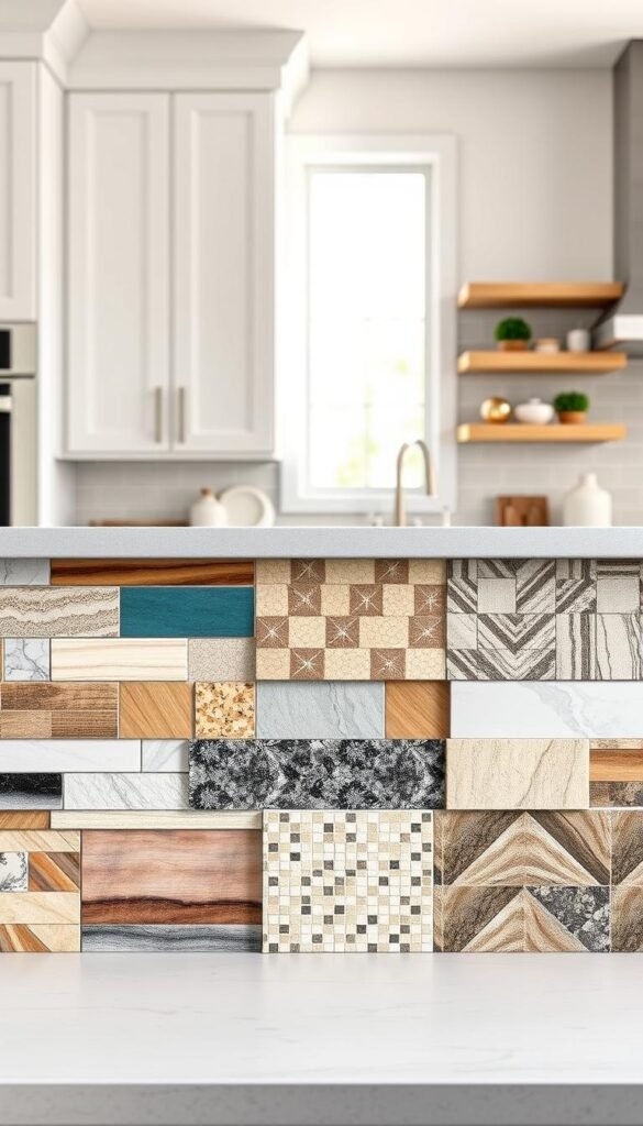 A vibrant display of the latest backsplash materials, showcased against a clean, minimalist kitchen setting. The foreground features an array of diverse tile textures and patterns, ranging from sleek subway tiles to intricate mosaics and eye-catching statement pieces. The middle ground offers a glimpse of modern cabinetry and countertops, complementing the backsplash materials seamlessly. The background is bathed in soft, natural lighting, creating a warm and inviting atmosphere, highlighting the tactile qualities and visual appeal of the backsplash options. The composition is designed to inspire homeowners with the endless possibilities for elevating their kitchen's style and personality through thoughtful backsplash selection. A vibrant display of the latest backsplash materials, showcased against a clean, minimalist kitchen setting. The foreground features an array of diverse tile textures and patterns, ranging from sleek subway tiles to intricate mosaics and eye-catching statement pieces. The middle ground offers a glimpse of modern cabinetry and countertops, complementing the backsplash materials seamlessly. The background is bathed in soft, natural lighting, creating a warm and inviting atmosphere, highlighting the tactile qualities and visual appeal of the backsplash options. The composition is designed to inspire homeowners with the endless possibilities for elevating their kitchen's style and personality through thoughtful backsplash selection.