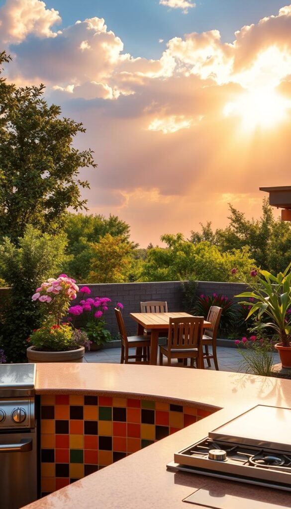 A vibrant outdoor kitchen set against a lush, verdant backdrop. In the foreground, a well-appointed kitchen island with a bold, colorful tile backsplash and gleaming stainless steel appliances. The middle ground features a cozy dining area with a rustic wooden table and chairs, surrounded by flowering plants and shrubs. In the background, a dramatic sky filled with warm, golden sunlight, casting a soft, diffused glow over the entire scene. The overall atmosphere is one of warmth, energy, and a celebration of the great outdoors. A vibrant outdoor kitchen set against a lush, verdant backdrop. In the foreground, a well-appointed kitchen island with a bold, colorful tile backsplash and gleaming stainless steel appliances. The middle ground features a cozy dining area with a rustic wooden table and chairs, surrounded by flowering plants and shrubs. In the background, a dramatic sky filled with warm, golden sunlight, casting a soft, diffused glow over the entire scene. The overall atmosphere is one of warmth, energy, and a celebration of the great outdoors.