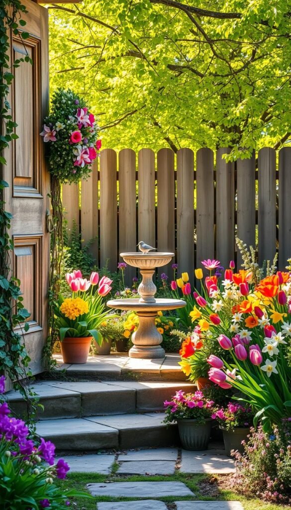 A vibrant springtime scene with a lush, sun-dappled garden as the focal point. In the foreground, a wreath of fresh flowers and greenery adorns an antique wooden door, radiating a warm, inviting atmosphere. Trailing vines and blooming potted plants line the steps leading up to the entrance, creating a charming, nature-inspired display. The middle ground features a stone birdbath surrounded by a colorful array of tulips, daffodils, and other springtime blossoms, all bathed in soft, diffused natural lighting. In the background, a picturesque wooden fence is enveloped by a flourishing canopy of trees, their vibrant green leaves swaying gently in a light breeze, completing the tranquil, rejuvenating ambiance. A vibrant springtime scene with a lush, sun-dappled garden as the focal point. In the foreground, a wreath of fresh flowers and greenery adorns an antique wooden door, radiating a warm, inviting atmosphere. Trailing vines and blooming potted plants line the steps leading up to the entrance, creating a charming, nature-inspired display. The middle ground features a stone birdbath surrounded by a colorful array of tulips, daffodils, and other springtime blossoms, all bathed in soft, diffused natural lighting. In the background, a picturesque wooden fence is enveloped by a flourishing canopy of trees, their vibrant green leaves swaying gently in a light breeze, completing the tranquil, rejuvenating ambiance.