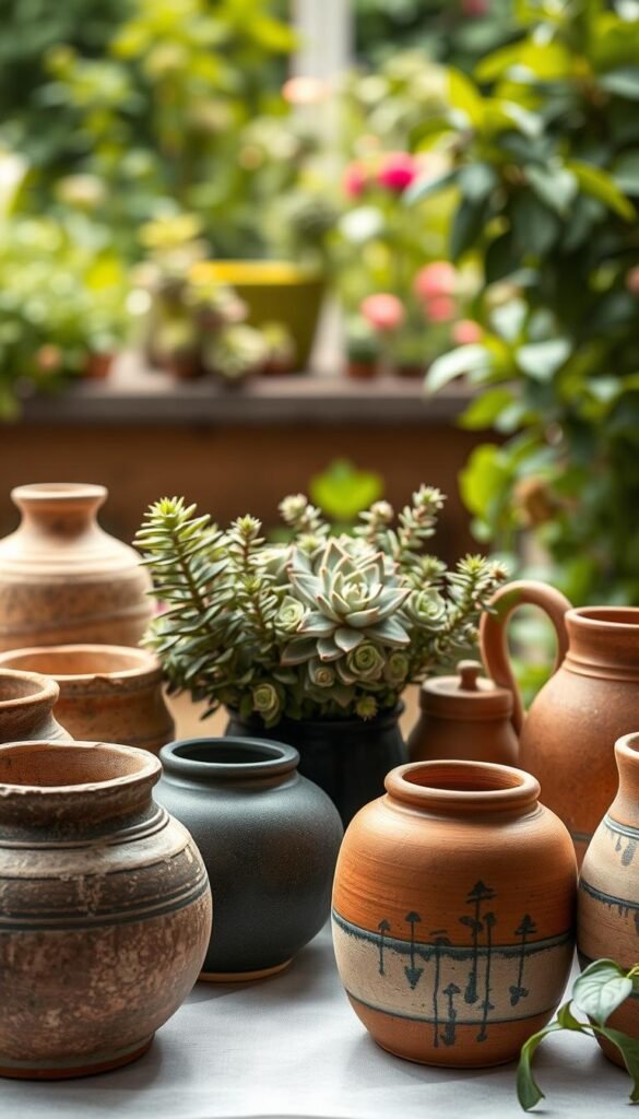 A vibrant still life of artisanal gardening vessels, illuminated by soft, diffused natural light. In the foreground, an assortment of hand-crafted ceramic pots, vases, and planters in earthy tones and organic shapes. Textured surfaces and subtle glazes suggest the gentle touch of skilled artisans. Arranged in the middle ground, a selection of unique botanical specimens, their lush foliage and delicate blooms complementing the rustic vessels. Surrounding the scene, a blurred backdrop of a well-tended garden, hinting at the harmony between these handmade objects and the natural world they inhabit. The overall mood is one of artisanal elegance, inviting the viewer to discover the beauty in these thoughtfully crafted gardening essentials. A vibrant still life of artisanal gardening vessels, illuminated by soft, diffused natural light. In the foreground, an assortment of hand-crafted ceramic pots, vases, and planters in earthy tones and organic shapes. Textured surfaces and subtle glazes suggest the gentle touch of skilled artisans. Arranged in the middle ground, a selection of unique botanical specimens, their lush foliage and delicate blooms complementing the rustic vessels. Surrounding the scene, a blurred backdrop of a well-tended garden, hinting at the harmony between these handmade objects and the natural world they inhabit. The overall mood is one of artisanal elegance, inviting the viewer to discover the beauty in these thoughtfully crafted gardening essentials.