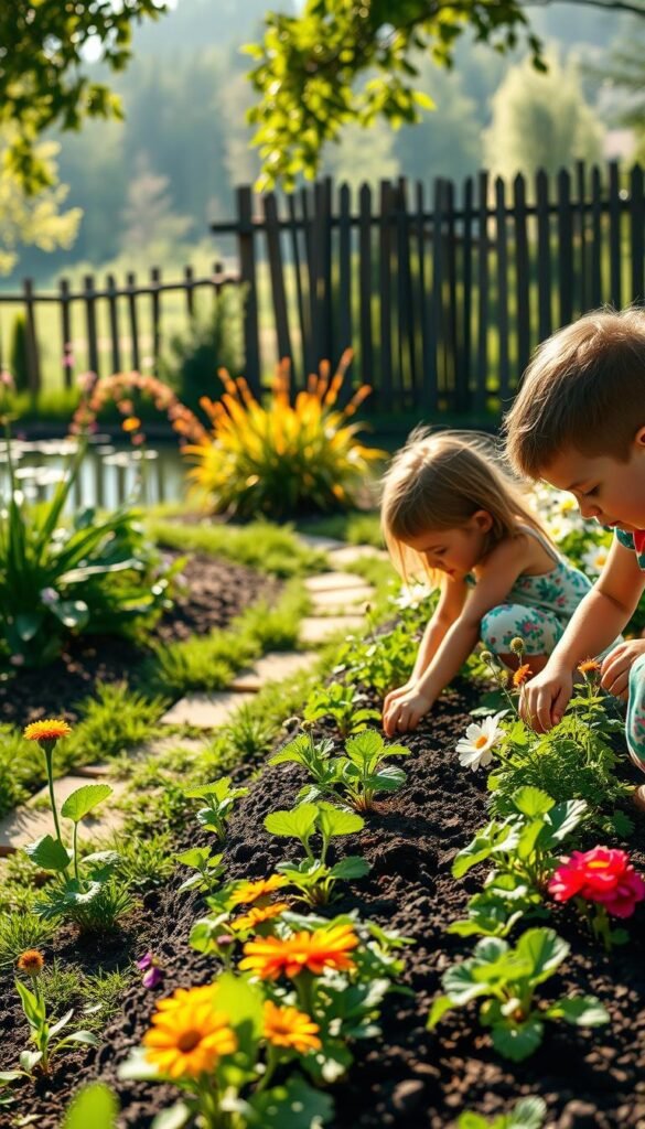 A vibrant, sun-dappled garden scene with children playfully engaged in eco-friendly gardening activities. In the foreground, two young siblings, a boy and a girl, are carefully tending to a lush vegetable plot, their hands gently nurturing the soil and tender seedlings. The middle ground features a winding garden path lined with colorful, native flowers attracting a variety of buzzing insects and fluttering butterflies. In the background, a rustic wooden fence frames a serene pond, its surface reflecting the warm, soft lighting of the afternoon. An atmosphere of wonder, discovery, and environmental stewardship permeates the entire composition. A vibrant, sun-dappled garden scene with children playfully engaged in eco-friendly gardening activities. In the foreground, two young siblings, a boy and a girl, are carefully tending to a lush vegetable plot, their hands gently nurturing the soil and tender seedlings. The middle ground features a winding garden path lined with colorful, native flowers attracting a variety of buzzing insects and fluttering butterflies. In the background, a rustic wooden fence frames a serene pond, its surface reflecting the warm, soft lighting of the afternoon. An atmosphere of wonder, discovery, and environmental stewardship permeates the entire composition.