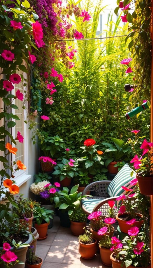 A vibrant, sun-drenched micro-garden adorned with a vibrant palette of lush foliage, blooming flowers, and vibrant pops of color. In the foreground, a small patio or balcony space with a cozy outdoor seating area, surrounded by a whimsical arrangement of potted plants, trailing vines, and bursts of vibrant hues. The middle ground features a lush, verdant backdrop of towering plants, creating a sense of depth and enclosure. Warm, diffused natural lighting bathes the scene, casting soft shadows and highlighting the rich textures and vivid colors. The overall atmosphere is one of tranquility, inspiration, and a celebration of the transformative power of color in even the most petite of outdoor spaces. A vibrant, sun-drenched micro-garden adorned with a vibrant palette of lush foliage, blooming flowers, and vibrant pops of color. In the foreground, a small patio or balcony space with a cozy outdoor seating area, surrounded by a whimsical arrangement of potted plants, trailing vines, and bursts of vibrant hues. The middle ground features a lush, verdant backdrop of towering plants, creating a sense of depth and enclosure. Warm, diffused natural lighting bathes the scene, casting soft shadows and highlighting the rich textures and vivid colors. The overall atmosphere is one of tranquility, inspiration, and a celebration of the transformative power of color in even the most petite of outdoor spaces.