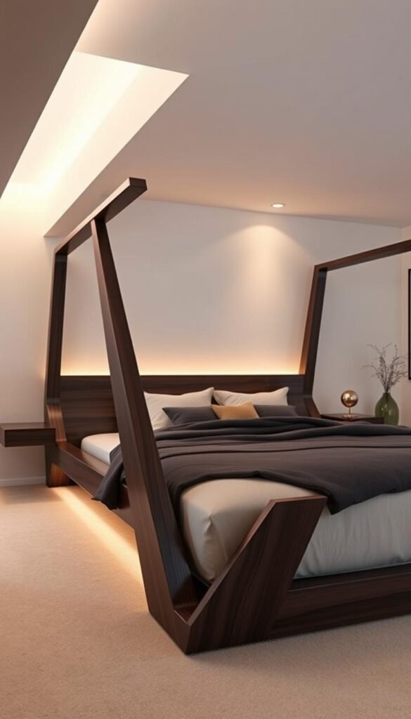 A visually intriguing bedroom featuring a unique, sculptural bed frame. The frame is constructed from sleek, dark-stained wood, with clean lines and geometric shapes that create an eye-catching focal point. Soft, indirect lighting illuminates the space, casting warm, cozy shadows that accentuate the frame's angular design. The room is adorned with minimalist decor, allowing the bed to be the star of the show. The overall mood is one of modern elegance and understated sophistication, perfect for a stylish, headboard-free bedroom design. A visually intriguing bedroom featuring a unique, sculptural bed frame. The frame is constructed from sleek, dark-stained wood, with clean lines and geometric shapes that create an eye-catching focal point. Soft, indirect lighting illuminates the space, casting warm, cozy shadows that accentuate the frame's angular design. The room is adorned with minimalist decor, allowing the bed to be the star of the show. The overall mood is one of modern elegance and understated sophistication, perfect for a stylish, headboard-free bedroom design.