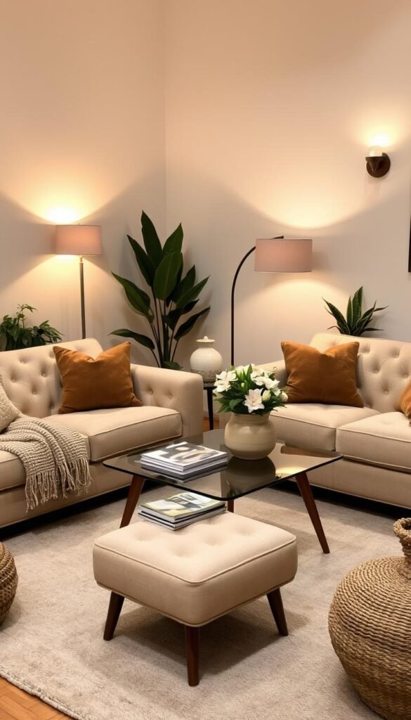 A warm and inviting living room with two plush, tufted sofas in a neutral palette. The sofas are arranged in an L-shape, creating a cozy conversation area. Soft, textured throw pillows in earthy tones and a chunky knit blanket add layers of comfort. A mid-century modern coffee table with a glass top is placed in the center, topped with a stack of magazines and a vase of fresh flowers. Indirect lighting from a floor lamp and wall sconces cast a gentle glow, creating a relaxing ambiance. Potted plants and a few select decorative accents, such as a ceramic vase and a woven basket, complete the welcoming scene. A warm and inviting living room with two plush, tufted sofas in a neutral palette. The sofas are arranged in an L-shape, creating a cozy conversation area. Soft, textured throw pillows in earthy tones and a chunky knit blanket add layers of comfort. A mid-century modern coffee table with a glass top is placed in the center, topped with a stack of magazines and a vase of fresh flowers. Indirect lighting from a floor lamp and wall sconces cast a gentle glow, creating a relaxing ambiance. Potted plants and a few select decorative accents, such as a ceramic vase and a woven basket, complete the welcoming scene.