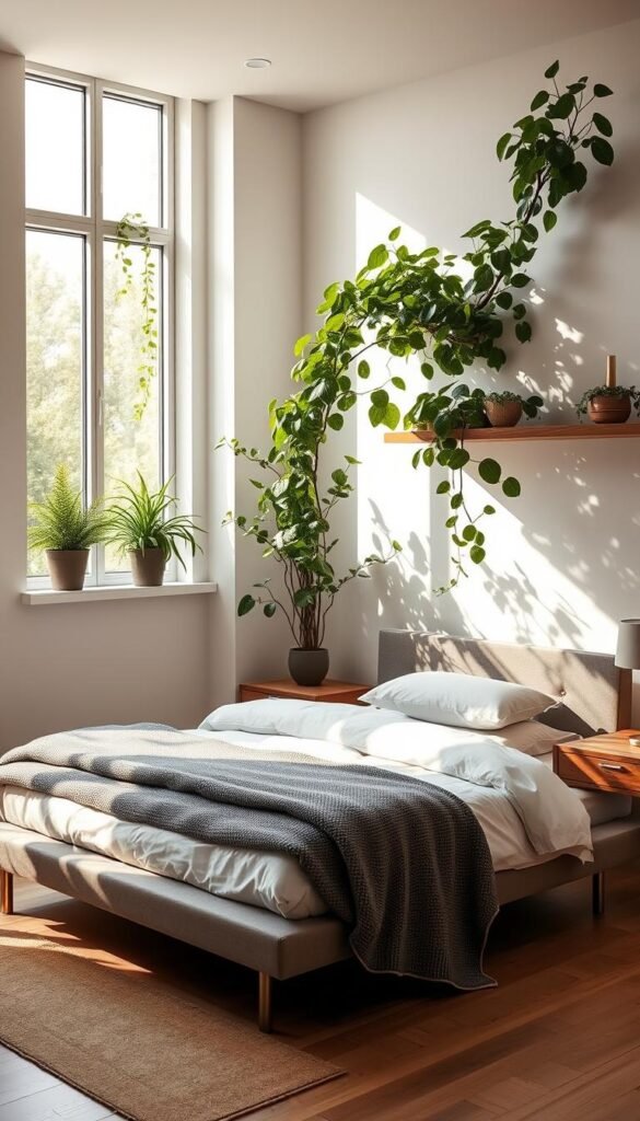 A warm and welcoming modern bedroom with lush greenery cascading from corner shelves. Soft, natural lighting filters through large windows, casting a serene glow over the minimalist decor. The centerpiece is a low-profile platform bed adorned with crisp white linens and a plush gray throw. Complementing the bed are two sleek nightstands topped with simple table lamps. In the corner, a potted fiddle-leaf fig tree adds a vibrant pop of verdure, its broad leaves framing the space. The overall atmosphere is one of tranquility and rejuvenation, inviting the viewer to imagine themselves relaxing in this oasis of botanical beauty. A warm and welcoming modern bedroom with lush greenery cascading from corner shelves. Soft, natural lighting filters through large windows, casting a serene glow over the minimalist decor. The centerpiece is a low-profile platform bed adorned with crisp white linens and a plush gray throw. Complementing the bed are two sleek nightstands topped with simple table lamps. In the corner, a potted fiddle-leaf fig tree adds a vibrant pop of verdure, its broad leaves framing the space. The overall atmosphere is one of tranquility and rejuvenation, inviting the viewer to imagine themselves relaxing in this oasis of botanical beauty.