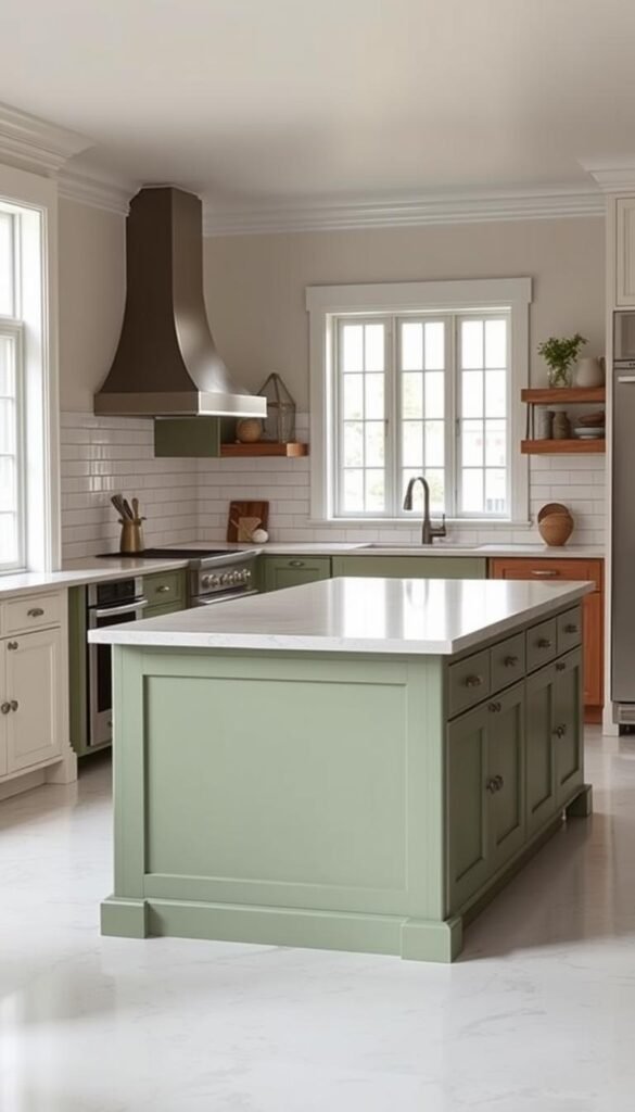 A warm, inviting kitchen island bathed in the soothing hue of sage green. The sturdy, rectangular island sits prominently in the center of the frame, its smooth, matte finish catching the soft, ambient light filtering in through large windows. Elegant, minimalist cabinetry and drawers line the sides, offering ample storage space. A sleek, quartz countertop in a complementary neutral tone crowns the island, its clean lines and subtle veining adding a touch of sophistication. The surrounding kitchen features a mix of modern and traditional elements, with white subway tiles, stainless steel appliances, and rustic wood accents creating a harmonious, timeless aesthetic. The overall mood is one of understated elegance and calm, perfectly capturing the essence of a budgetary-friendly, sage green kitchen island. A warm, inviting kitchen island bathed in the soothing hue of sage green. The sturdy, rectangular island sits prominently in the center of the frame, its smooth, matte finish catching the soft, ambient light filtering in through large windows. Elegant, minimalist cabinetry and drawers line the sides, offering ample storage space. A sleek, quartz countertop in a complementary neutral tone crowns the island, its clean lines and subtle veining adding a touch of sophistication. The surrounding kitchen features a mix of modern and traditional elements, with white subway tiles, stainless steel appliances, and rustic wood accents creating a harmonious, timeless aesthetic. The overall mood is one of understated elegance and calm, perfectly capturing the essence of a budgetary-friendly, sage green kitchen island.