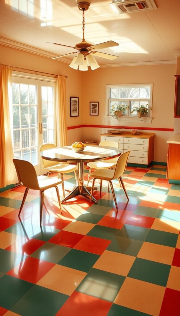 A warm, nostalgic 1950s dining room with a vibrant, patterned linoleum floor. Sunlight streams through large windows, casting a soft, golden glow over the room. The flooring features a bold, geometric design in shades of turquoise, coral, and cream, capturing the retro aesthetic of the era. Glossy, well-maintained surfaces reflect the light, creating a sense of timeless elegance. The room is spacious, with a midcentury modern table and chairs, complementing the vintage feel of the flooring. The overall atmosphere is inviting, evoking a sense of classic American domesticity and the charm of a bygone era. A warm, nostalgic 1950s dining room with a vibrant, patterned linoleum floor. Sunlight streams through large windows, casting a soft, golden glow over the room. The flooring features a bold, geometric design in shades of turquoise, coral, and cream, capturing the retro aesthetic of the era. Glossy, well-maintained surfaces reflect the light, creating a sense of timeless elegance. The room is spacious, with a midcentury modern table and chairs, complementing the vintage feel of the flooring. The overall atmosphere is inviting, evoking a sense of classic American domesticity and the charm of a bygone era.