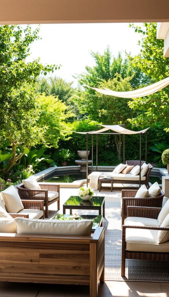 A warm, sun-dappled patio setting with a stylish arrangement of outdoor furniture. In the foreground, a plush, weathered-wood sectional sofa with soft, neutral-toned cushions invites relaxation. Arranged around it, a pair of modern wicker club chairs and a sleek, glass-topped coffee table. In the middle ground, a striking, metal-framed daybed with a flowing, sheer canopy casts gentle shadows. In the background, lush, verdant foliage and a tranquil water feature create a serene, oasis-like ambiance. Soft, diffused lighting illuminates the scene, capturing the inviting, effortless elegance of the outdoor living space. A warm, sun-dappled patio setting with a stylish arrangement of outdoor furniture. In the foreground, a plush, weathered-wood sectional sofa with soft, neutral-toned cushions invites relaxation. Arranged around it, a pair of modern wicker club chairs and a sleek, glass-topped coffee table. In the middle ground, a striking, metal-framed daybed with a flowing, sheer canopy casts gentle shadows. In the background, lush, verdant foliage and a tranquil water feature create a serene, oasis-like ambiance. Soft, diffused lighting illuminates the scene, capturing the inviting, effortless elegance of the outdoor living space.