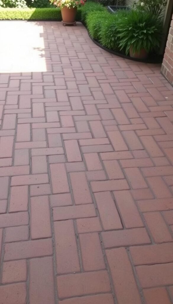 A well-designed brick paver patio with a classic herringbone pattern, evenly laid in a warm, earthy color palette. The bricks are arranged in a symmetrical grid, creating a visually appealing and durable surface. Soft, natural lighting illuminates the scene, casting gentle shadows that accentuate the texture and pattern of the pavers. The patio is surrounded by lush greenery, such as potted plants or a small, neatly manicured lawn, adding a touch of liveliness to the overall composition. The scene conveys a sense of timeless elegance and inviting outdoor living. A well-designed brick paver patio with a classic herringbone pattern, evenly laid in a warm, earthy color palette. The bricks are arranged in a symmetrical grid, creating a visually appealing and durable surface. Soft, natural lighting illuminates the scene, casting gentle shadows that accentuate the texture and pattern of the pavers. The patio is surrounded by lush greenery, such as potted plants or a small, neatly manicured lawn, adding a touch of liveliness to the overall composition. The scene conveys a sense of timeless elegance and inviting outdoor living.
