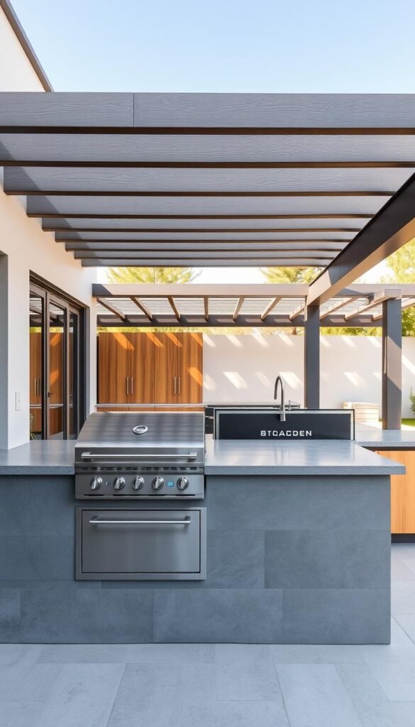 A well-designed modern outdoor kitchen with sleek, minimalist aesthetics. The foreground features a large, built-in grill with stainless steel accents, surrounded by a smooth, grey-toned concrete countertop. In the middle ground, modular cabinets in a warm wood tone provide ample storage and prep space. The background showcases a modern pergola structure with clean lines, creating a seamless transition from the indoor to the outdoor living space. Diffused sunlight filters through the pergola, casting a warm, natural glow on the scene. The overall atmosphere is one of sophisticated, yet functional, outdoor living. A well-designed modern outdoor kitchen with sleek, minimalist aesthetics. The foreground features a large, built-in grill with stainless steel accents, surrounded by a smooth, grey-toned concrete countertop. In the middle ground, modular cabinets in a warm wood tone provide ample storage and prep space. The background showcases a modern pergola structure with clean lines, creating a seamless transition from the indoor to the outdoor living space. Diffused sunlight filters through the pergola, casting a warm, natural glow on the scene. The overall atmosphere is one of sophisticated, yet functional, outdoor living.