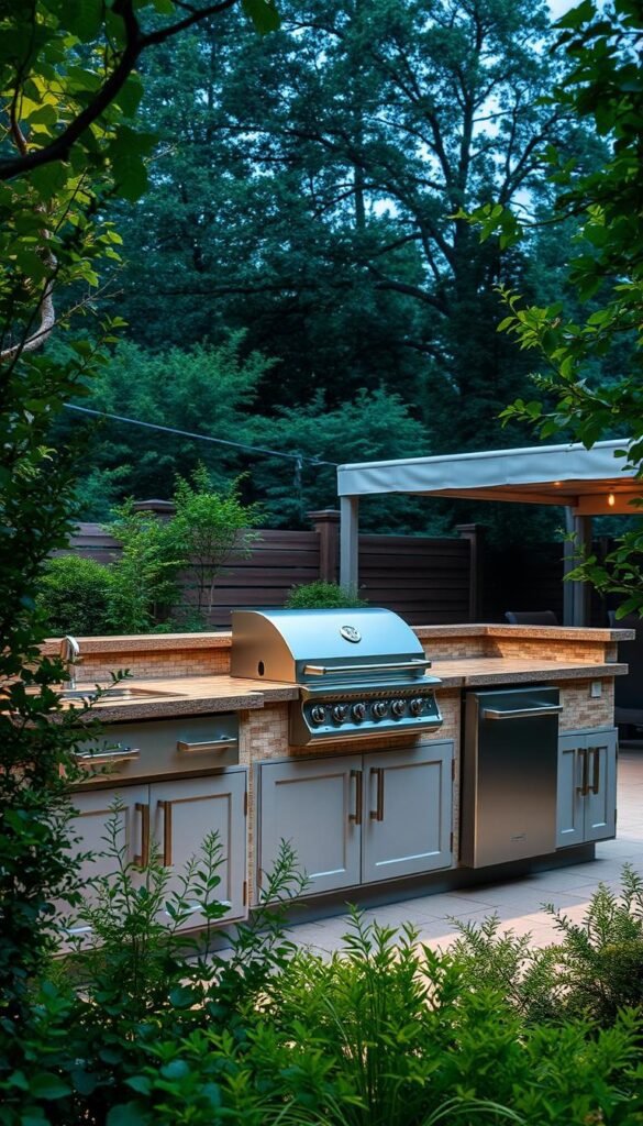 A well-equipped, all-weather outdoor kitchen nestled in a lush, verdant landscape. The sleek, stainless-steel appliances gleam under the soft, diffused lighting of recessed fixtures. Sturdy, weather-resistant cabinetry and countertops made of durable, easy-to-clean materials line the space, creating a functional and visually appealing design. In the background, a covered patio with a retractable awning provides protection from the elements, while allowing for an seamless transition between indoor and outdoor living. The scene exudes a sense of effortless elegance and invites you to linger, enjoying the perfect fusion of form and function. A well-equipped, all-weather outdoor kitchen nestled in a lush, verdant landscape. The sleek, stainless-steel appliances gleam under the soft, diffused lighting of recessed fixtures. Sturdy, weather-resistant cabinetry and countertops made of durable, easy-to-clean materials line the space, creating a functional and visually appealing design. In the background, a covered patio with a retractable awning provides protection from the elements, while allowing for an seamless transition between indoor and outdoor living. The scene exudes a sense of effortless elegance and invites you to linger, enjoying the perfect fusion of form and function.