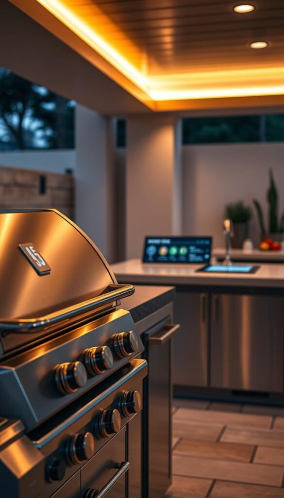 A well-equipped outdoor kitchen with sleek, modern appliances and smart home integration. In the foreground, a high-tech grill with voice controls and app connectivity. In the middle, a digital display panel showcasing temperature, timers, and recipe suggestions. In the background, a minimalist kitchen island with a touchscreen control panel for lighting, music, and smart home features. The setting is bathed in warm, ambient lighting, creating a cozy and inviting atmosphere. The stainless steel finishes and clean lines give the space a sophisticated, futuristic vibe. Angles and perspectives are carefully composed to highlight the seamless integration of technology and outdoor living. A well-equipped outdoor kitchen with sleek, modern appliances and smart home integration. In the foreground, a high-tech grill with voice controls and app connectivity. In the middle, a digital display panel showcasing temperature, timers, and recipe suggestions. In the background, a minimalist kitchen island with a touchscreen control panel for lighting, music, and smart home features. The setting is bathed in warm, ambient lighting, creating a cozy and inviting atmosphere. The stainless steel finishes and clean lines give the space a sophisticated, futuristic vibe. Angles and perspectives are carefully composed to highlight the seamless integration of technology and outdoor living.
