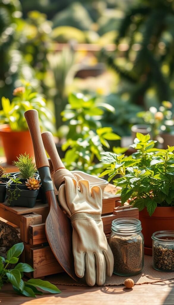A well-lit, artfully composed still life showcasing an array of eco-friendly garden products. In the foreground, a rustic wooden crate holds a collection of natural, sustainable tools - a hand-forged trowel, a bamboo-handled cultivator, and a softly weathered pair of gardening gloves. Artfully arranged around them are biodegradable seed trays, a terracotta planter, and a glass jar filled with organic fertilizer. The middle ground features lush, vibrant plants in terra cotta pots, casting soft shadows. The background is a blurred, verdant garden scene, infusing the image with a sense of tranquility and harmony. Warm, natural lighting casts a gentle glow, highlighting the natural textures and tones of the products. The overall mood is one of sustainability, eco-consciousness, and the beauty of a well-tended, earth-friendly garden. A well-lit, artfully composed still life showcasing an array of eco-friendly garden products. In the foreground, a rustic wooden crate holds a collection of natural, sustainable tools - a hand-forged trowel, a bamboo-handled cultivator, and a softly weathered pair of gardening gloves. Artfully arranged around them are biodegradable seed trays, a terracotta planter, and a glass jar filled with organic fertilizer. The middle ground features lush, vibrant plants in terra cotta pots, casting soft shadows. The background is a blurred, verdant garden scene, infusing the image with a sense of tranquility and harmony. Warm, natural lighting casts a gentle glow, highlighting the natural textures and tones of the products. The overall mood is one of sustainability, eco-consciousness, and the beauty of a well-tended, earth-friendly garden.