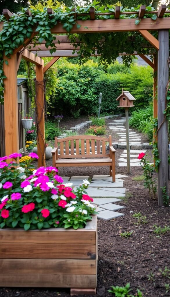 A well-lit backyard scene showcasing a collection of unique DIY outdoor decor projects. In the foreground, a rustic wooden planter box overflows with vibrant flowering plants. In the middle ground, a handcrafted wooden bench sits beneath a pergola draped with cascading vines. In the background, a stone pathway winds through a lush garden, leading the eye to a charming DIY birdhouse perched atop a wooden post. The overall atmosphere is one of natural beauty, creativity, and a sense of serene, homemade tranquility. Warm, diffused lighting accentuates the textures and colors of the handmade elements. Captured with a wide-angle lens to showcase the depth and breadth of the backyard oasis. A well-lit backyard scene showcasing a collection of unique DIY outdoor decor projects. In the foreground, a rustic wooden planter box overflows with vibrant flowering plants. In the middle ground, a handcrafted wooden bench sits beneath a pergola draped with cascading vines. In the background, a stone pathway winds through a lush garden, leading the eye to a charming DIY birdhouse perched atop a wooden post. The overall atmosphere is one of natural beauty, creativity, and a sense of serene, homemade tranquility. Warm, diffused lighting accentuates the textures and colors of the handmade elements. Captured with a wide-angle lens to showcase the depth and breadth of the backyard oasis.