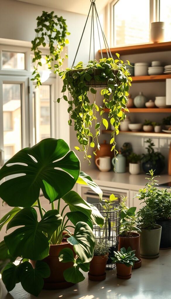 A well-lit kitchen countertop showcasing a variety of thriving sage green plants. In the foreground, a lush potted monstera plant casts soft shadows, its broad leaves gently swaying. Surrounding it, smaller potted succulents and herbs, their delicate leaves catching the warm natural light pouring in through large windows. In the middle ground, a hanging basket overflows with cascading vines, creating a serene, earthy ambiance. The background features a mix of open shelving displaying ceramic pots and kitchen accessories, all in harmonious sage tones. The scene exudes a sense of tranquility and effortless elegance, highlighting the role of natural greenery in a sage green kitchen. A well-lit kitchen countertop showcasing a variety of thriving sage green plants. In the foreground, a lush potted monstera plant casts soft shadows, its broad leaves gently swaying. Surrounding it, smaller potted succulents and herbs, their delicate leaves catching the warm natural light pouring in through large windows. In the middle ground, a hanging basket overflows with cascading vines, creating a serene, earthy ambiance. The background features a mix of open shelving displaying ceramic pots and kitchen accessories, all in harmonious sage tones. The scene exudes a sense of tranquility and effortless elegance, highlighting the role of natural greenery in a sage green kitchen.