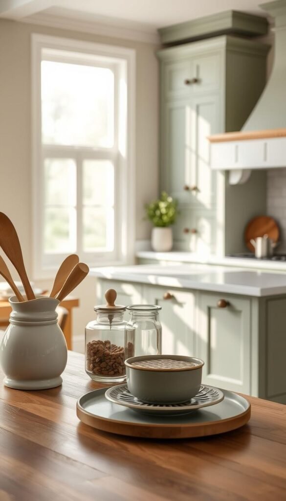 A well-lit kitchen interior with a prominent sage green color palette. In the foreground, an array of elegant kitchen accessories arranged on a wooden countertop - a ceramic utensil holder, a glass spice jar, and a metal trivet. In the middle ground, a smooth-surfaced kitchen island with muted sage green cabinetry and wooden accents. The background features soft, diffused natural lighting filtering through large windows, creating a calming, tranquil atmosphere. The overall scene conveys a sense of refined simplicity and timeless sophistication. A well-lit kitchen interior with a prominent sage green color palette. In the foreground, an array of elegant kitchen accessories arranged on a wooden countertop - a ceramic utensil holder, a glass spice jar, and a metal trivet. In the middle ground, a smooth-surfaced kitchen island with muted sage green cabinetry and wooden accents. The background features soft, diffused natural lighting filtering through large windows, creating a calming, tranquil atmosphere. The overall scene conveys a sense of refined simplicity and timeless sophistication.
