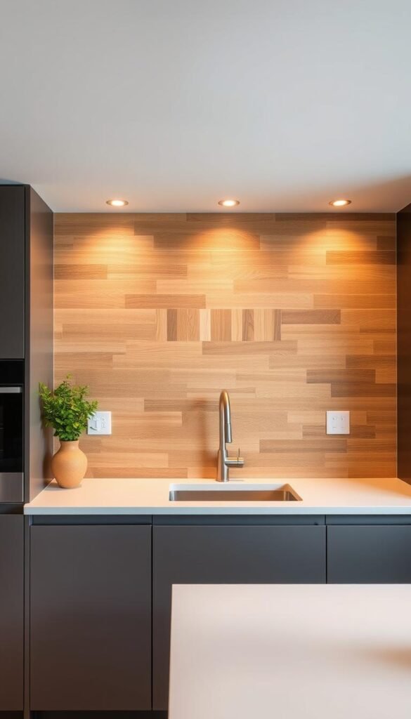 A well-lit kitchen interior with an eco-friendly backsplash made of natural materials like bamboo, cork, or reclaimed wood. The backsplash is the focal point, featuring a visually striking geometric or organic pattern in earthy tones. A sleek, clean-lined countertop in a sustainable material like quartz or recycled glass complements the backsplash. Warm, diffused lighting casts a soft glow, highlighting the natural textures and colors. The overall atmosphere is modern, minimalist, and inviting, showcasing sustainable design elements that blend seamlessly with the kitchen's functionality. A well-lit kitchen interior with an eco-friendly backsplash made of natural materials like bamboo, cork, or reclaimed wood. The backsplash is the focal point, featuring a visually striking geometric or organic pattern in earthy tones. A sleek, clean-lined countertop in a sustainable material like quartz or recycled glass complements the backsplash. Warm, diffused lighting casts a soft glow, highlighting the natural textures and colors. The overall atmosphere is modern, minimalist, and inviting, showcasing sustainable design elements that blend seamlessly with the kitchen's functionality.