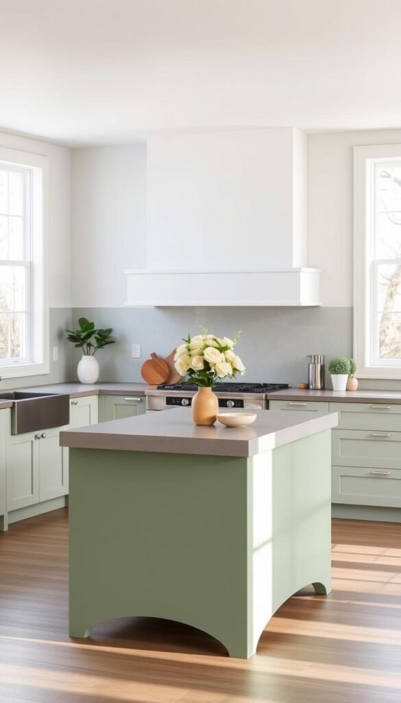 A well-lit, modern kitchen interior with a sage green kitchen island as the focal point. The island features a sleek, minimalist design with a smooth, polished concrete countertop and simple, angular legs. Soft, natural lighting from large windows bathes the space, creating a warm and inviting atmosphere. The surrounding cabinetry and walls are painted in a complementary, neutral palette, allowing the sage green island to stand out as a stylish, yet understated, design element. The overall composition evokes a sense of timeless elegance and functionality, capturing the essence of a beautifully designed, contemporary kitchen. A well-lit, modern kitchen interior with a sage green kitchen island as the focal point. The island features a sleek, minimalist design with a smooth, polished concrete countertop and simple, angular legs. Soft, natural lighting from large windows bathes the space, creating a warm and inviting atmosphere. The surrounding cabinetry and walls are painted in a complementary, neutral palette, allowing the sage green island to stand out as a stylish, yet understated, design element. The overall composition evokes a sense of timeless elegance and functionality, capturing the essence of a beautifully designed, contemporary kitchen.