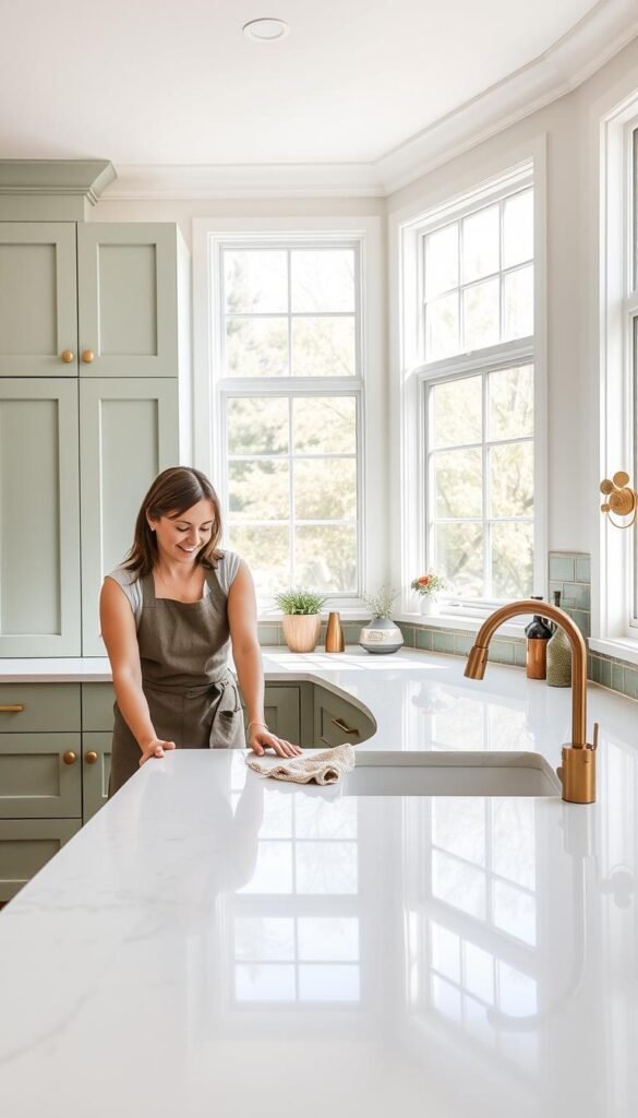 A well-lit, modern kitchen interior with sage green cabinets and countertops. The kitchen is bathed in natural light from large windows, creating a serene, airy atmosphere. In the foreground, a woman in an apron wipes down a clean, gleaming countertop with a microfiber cloth. The middle ground showcases a sink, appliances, and cooking utensils, all neatly organized. The background features a backsplash of sage green subway tiles, complemented by gold-toned hardware and light wooden accents. The overall scene conveys a sense of effortless maintenance and elegant simplicity in a sage green kitchen setting. A well-lit, modern kitchen interior with sage green cabinets and countertops. The kitchen is bathed in natural light from large windows, creating a serene, airy atmosphere. In the foreground, a woman in an apron wipes down a clean, gleaming countertop with a microfiber cloth. The middle ground showcases a sink, appliances, and cooking utensils, all neatly organized. The background features a backsplash of sage green subway tiles, complemented by gold-toned hardware and light wooden accents. The overall scene conveys a sense of effortless maintenance and elegant simplicity in a sage green kitchen setting.
